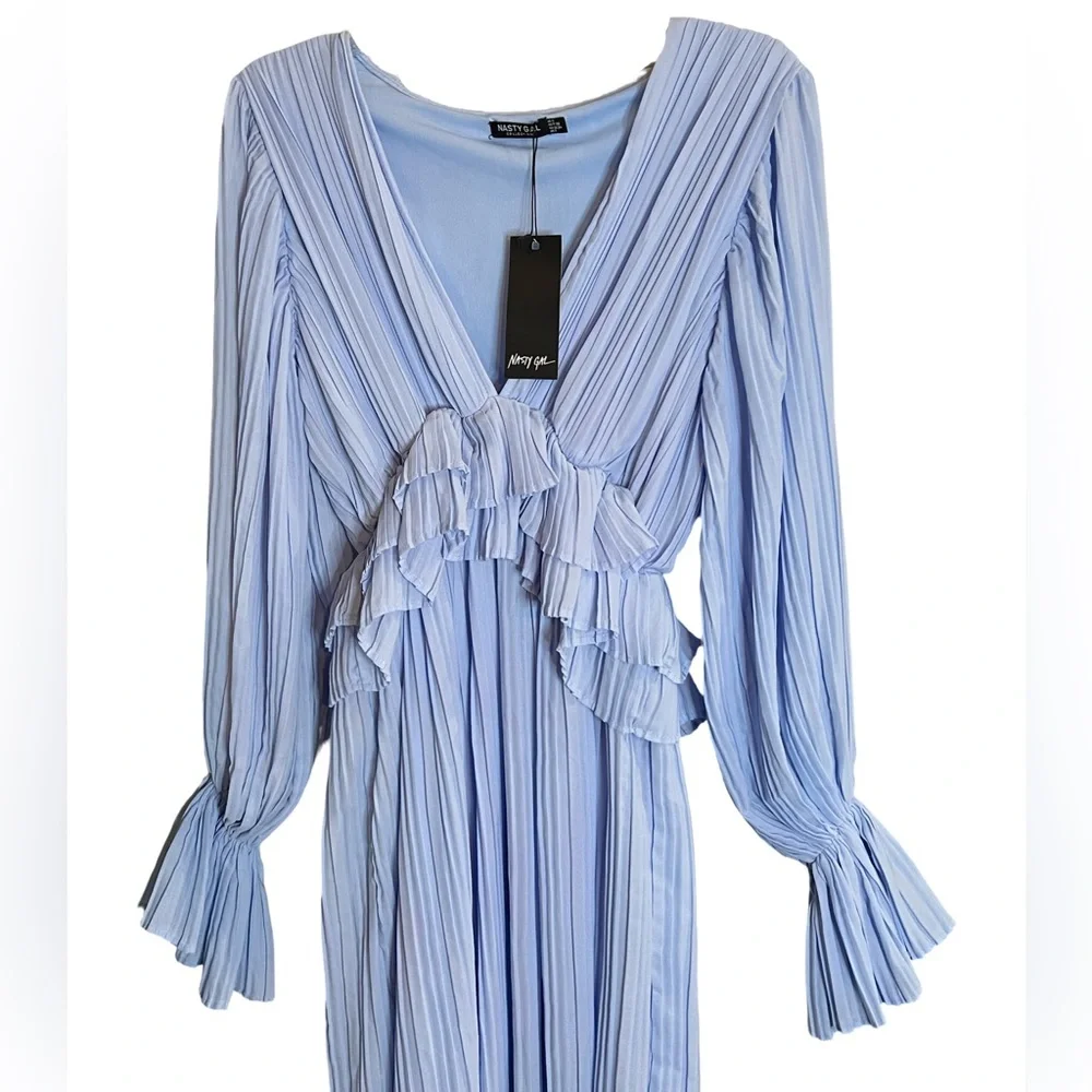Nasty Gal Collection Frill in Love V Neck Maxi Dress Cornflower Blue 4 New - Picture 4 of 12